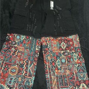 Black Cargo Jeans with Red & Teal Patterned Lower Panels